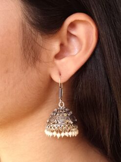 Handmade jhumka earrings with pearl work, hook dangler design for daily wear ethnic jewelry.