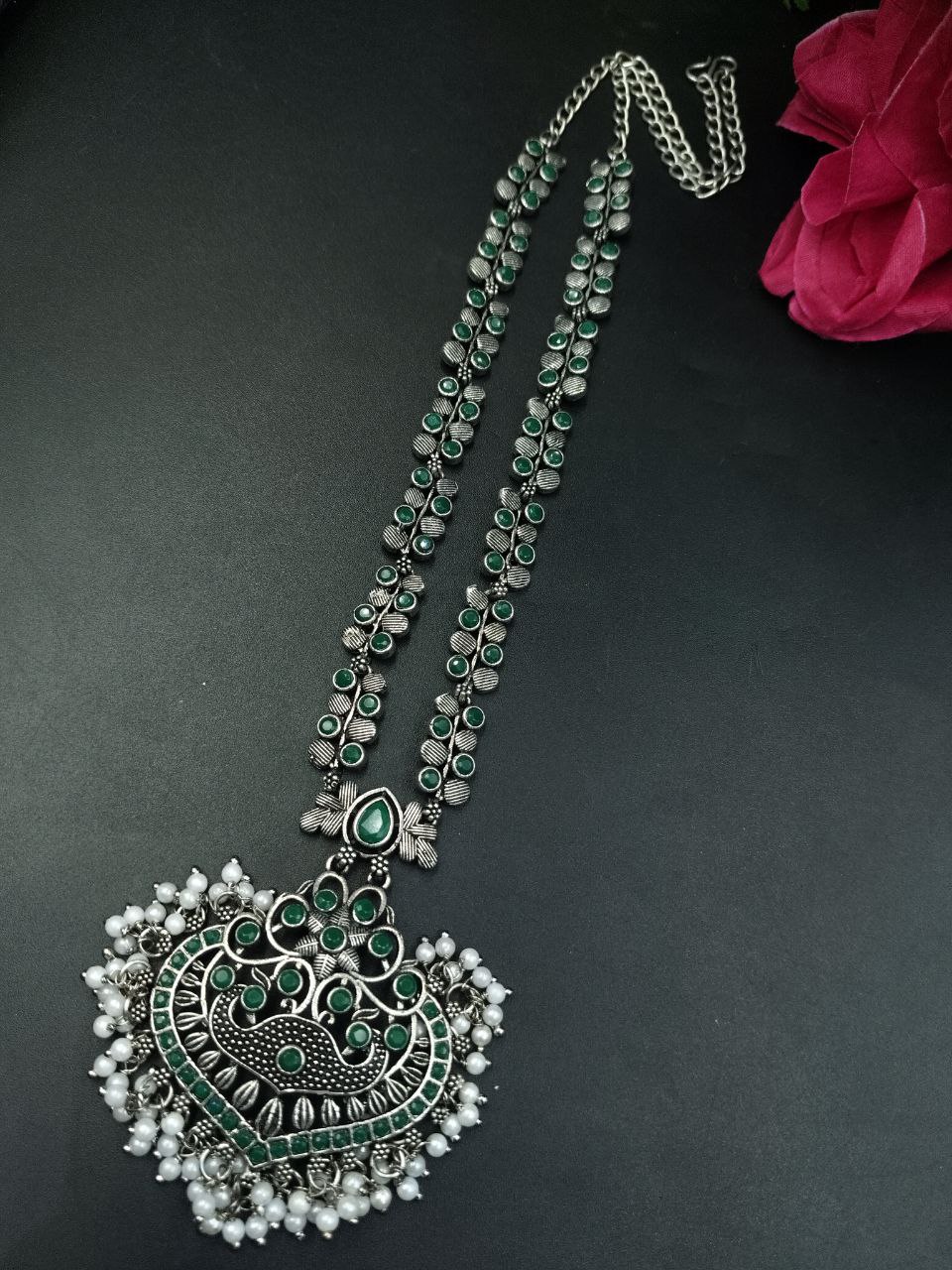 Traditional Floral Art Necklace | Silver Replica Ethnic Stone & Pearl Work Perfect Jewelry for Women 8 Traditional floral art necklace with silver replica stone and pearl work design