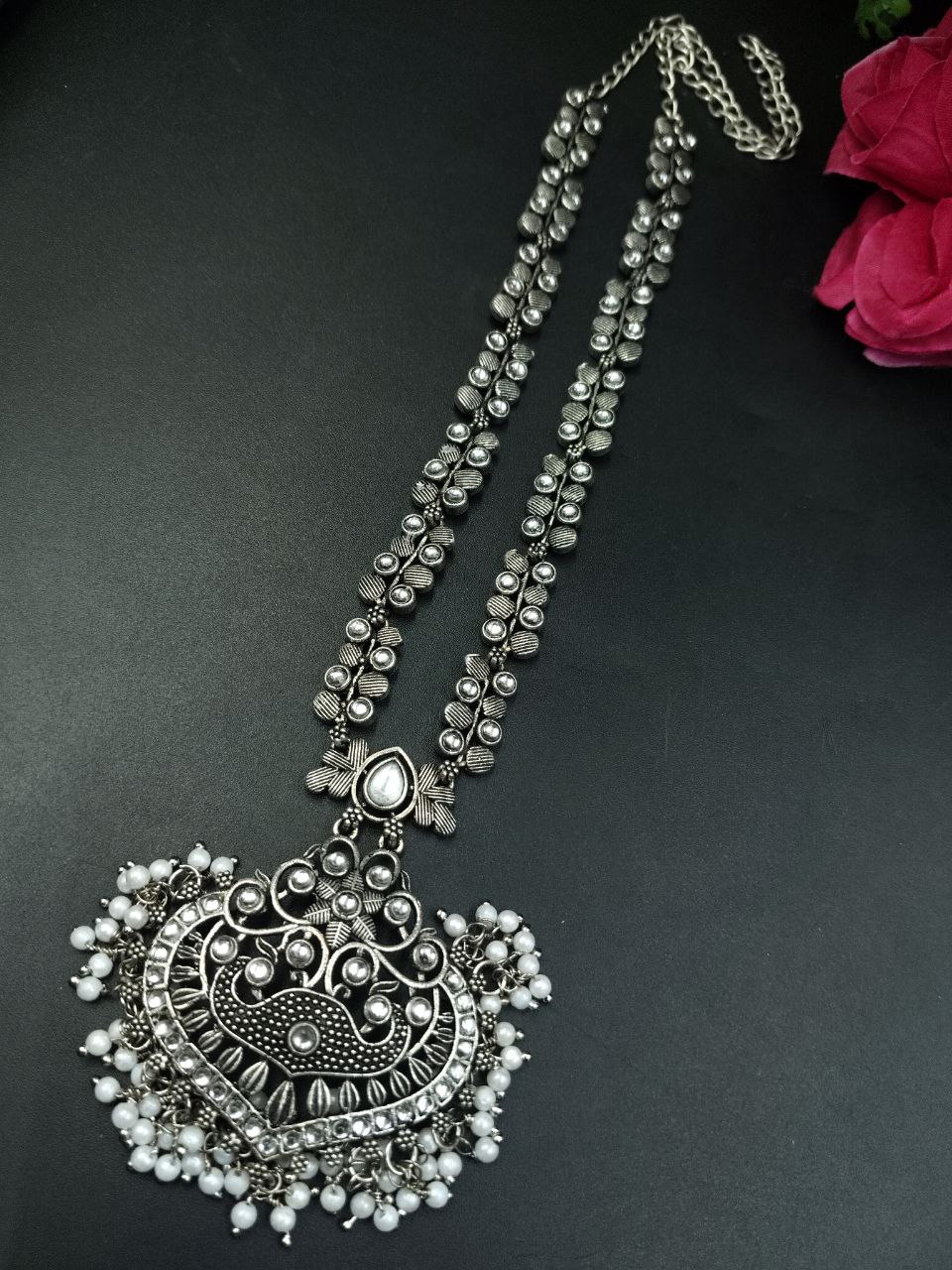 Traditional Floral Art Necklace | Silver Replica Ethnic Stone & Pearl Work Perfect Jewelry for Women 7 Traditional floral art necklace with silver replica stone and pearl work design