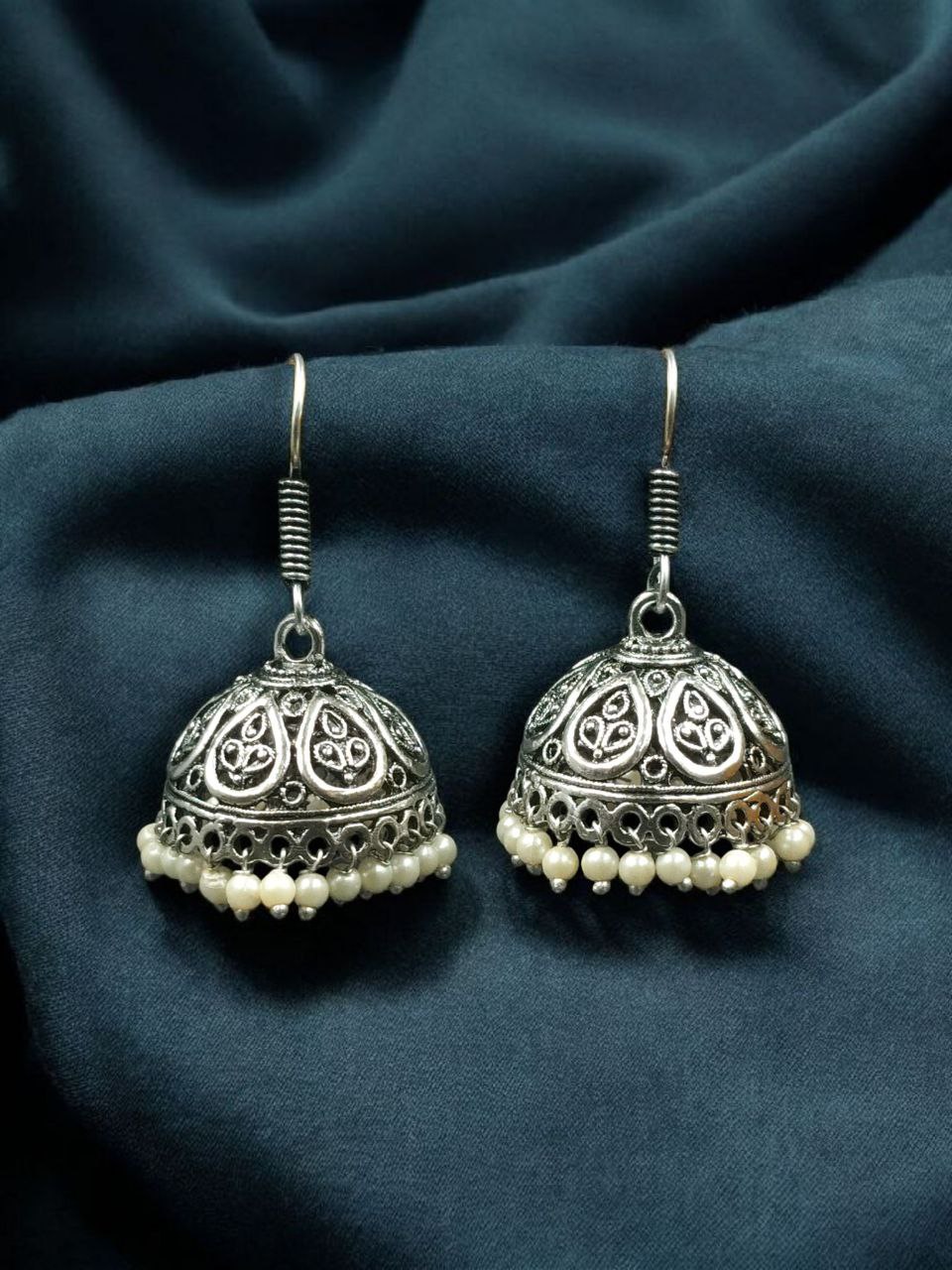 Party Wear Leaf Design Jhumka Earrings | Ethnic Hook Dangler with Pearl Detailing Jewelry 2 Leaf design jhumka earrings with pearl detailing, ethnic hook danglers for women, perfect party wear jewelry.