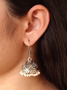 Party Wear Leaf Design Jhumka Earrings | Ethnic Hook Dangler with Pearl Detailing Jewelry
