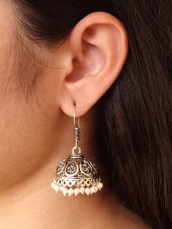Leaf design jhumka earrings with pearl detailing, ethnic hook danglers for women, perfect party wear jewelry.