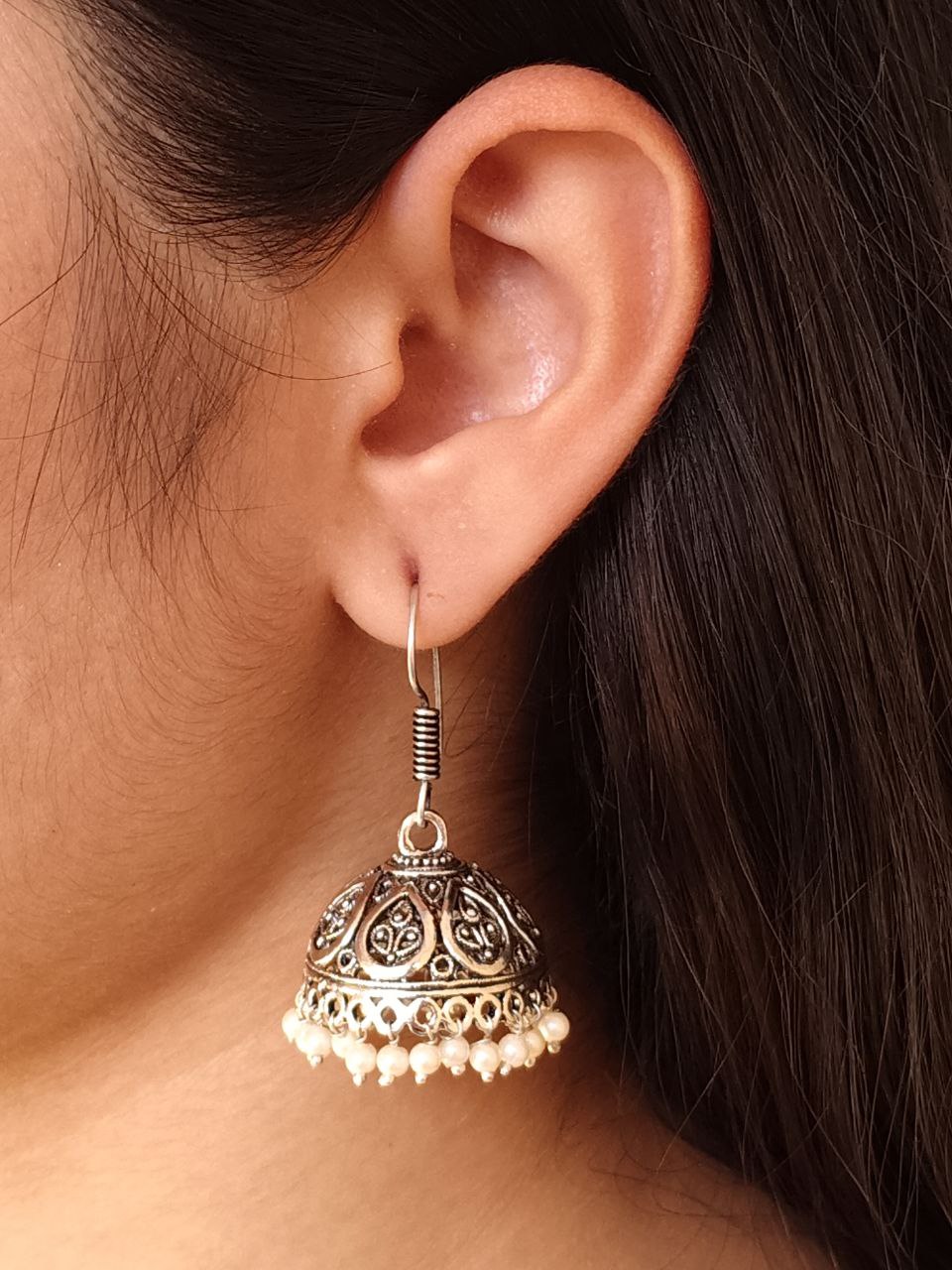Party Wear Leaf Design Jhumka Earrings | Ethnic Hook Dangler with Pearl Detailing Jewelry 1 Leaf design jhumka earrings with pearl detailing, ethnic hook danglers for women, perfect party wear jewelry.