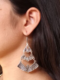 Oxidized floral art earrings with German silver hook dangler design for women.