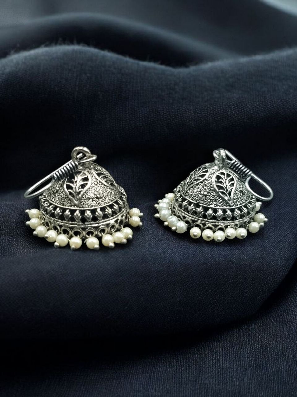 Oxidized Leaf Design Jhumka Earrings | Ethnic Hook Dangler with Pearl Work Best Jewelry 2 Leaf design jhumka earrings with pearl detailing, ethnic hook danglers for women, perfect party wear jewelry.
