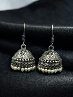 Leaf design jhumka earrings with pearl detailing, ethnic hook danglers for women, perfect party wear jewelry.