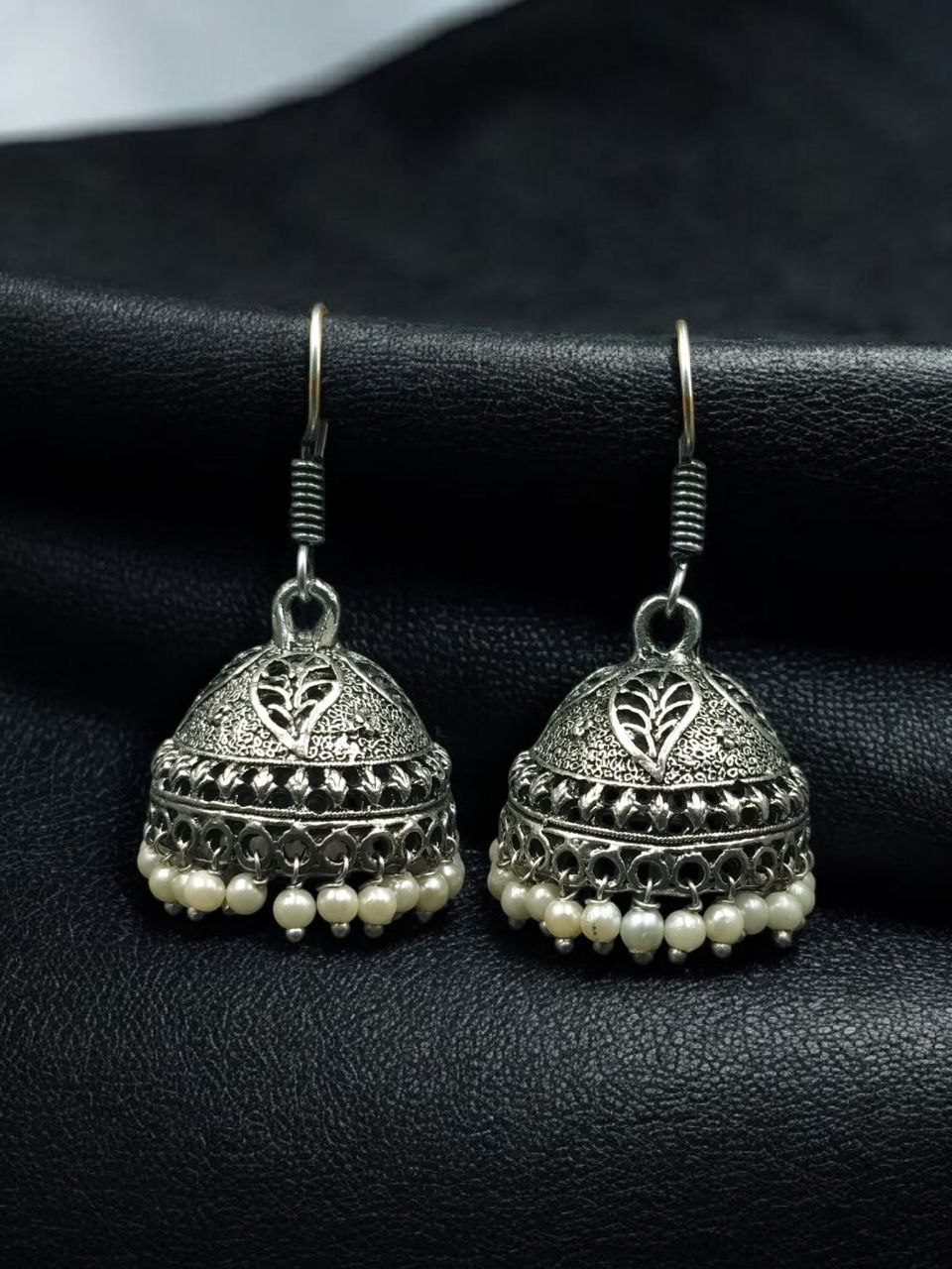Oxidized Leaf Design Jhumka Earrings | Ethnic Hook Dangler with Pearl Work Best Jewelry 1 Leaf design jhumka earrings with pearl detailing, ethnic hook danglers for women, perfect party wear jewelry.