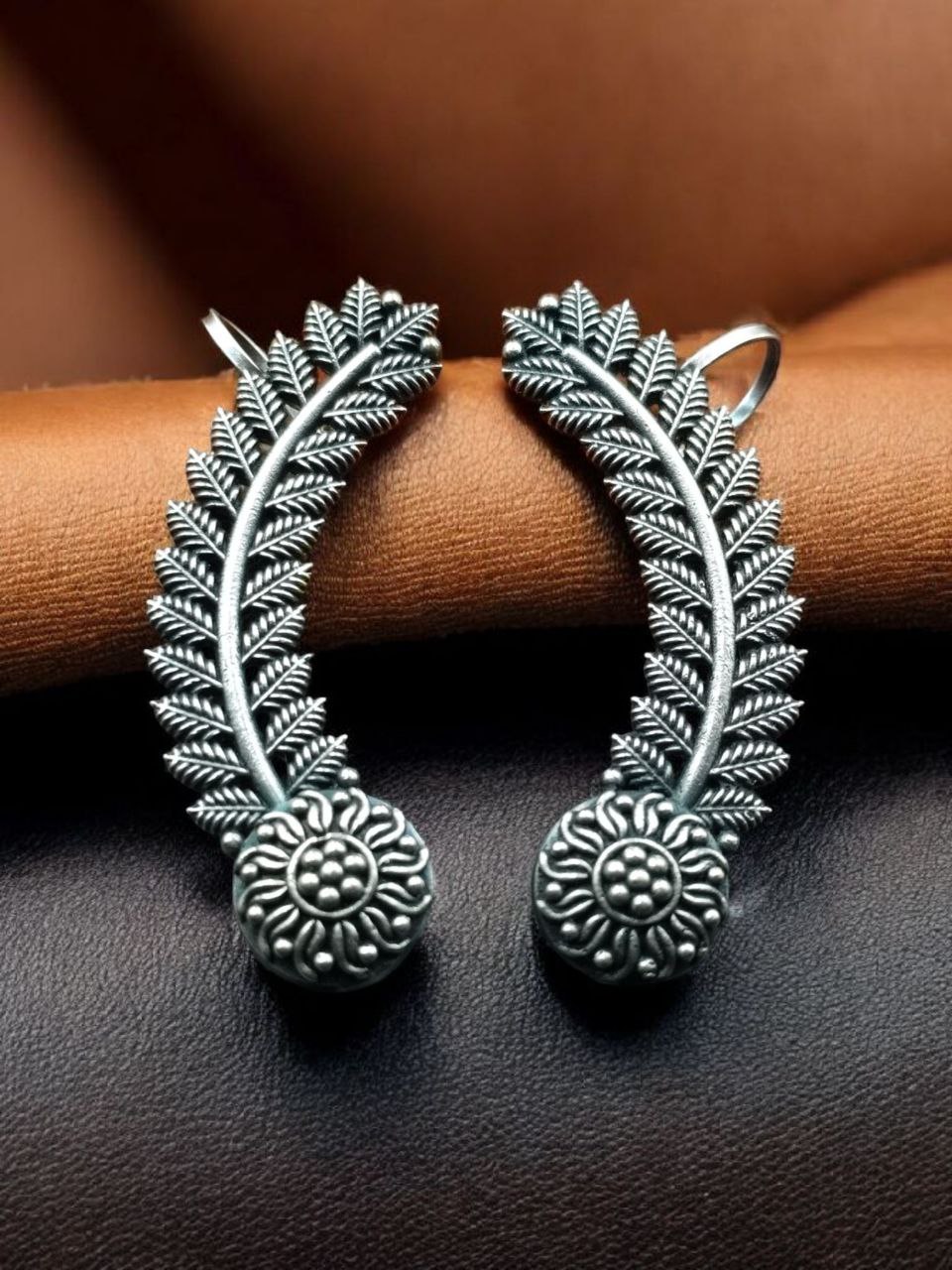 Oxidized Leaf Earcuff | Silver Replica Ethnic Design Unique Handmade Jewelry For Girls 3 Oxidized leaf earcuff in silver replica finish handmade ethnic jewelry for girls.