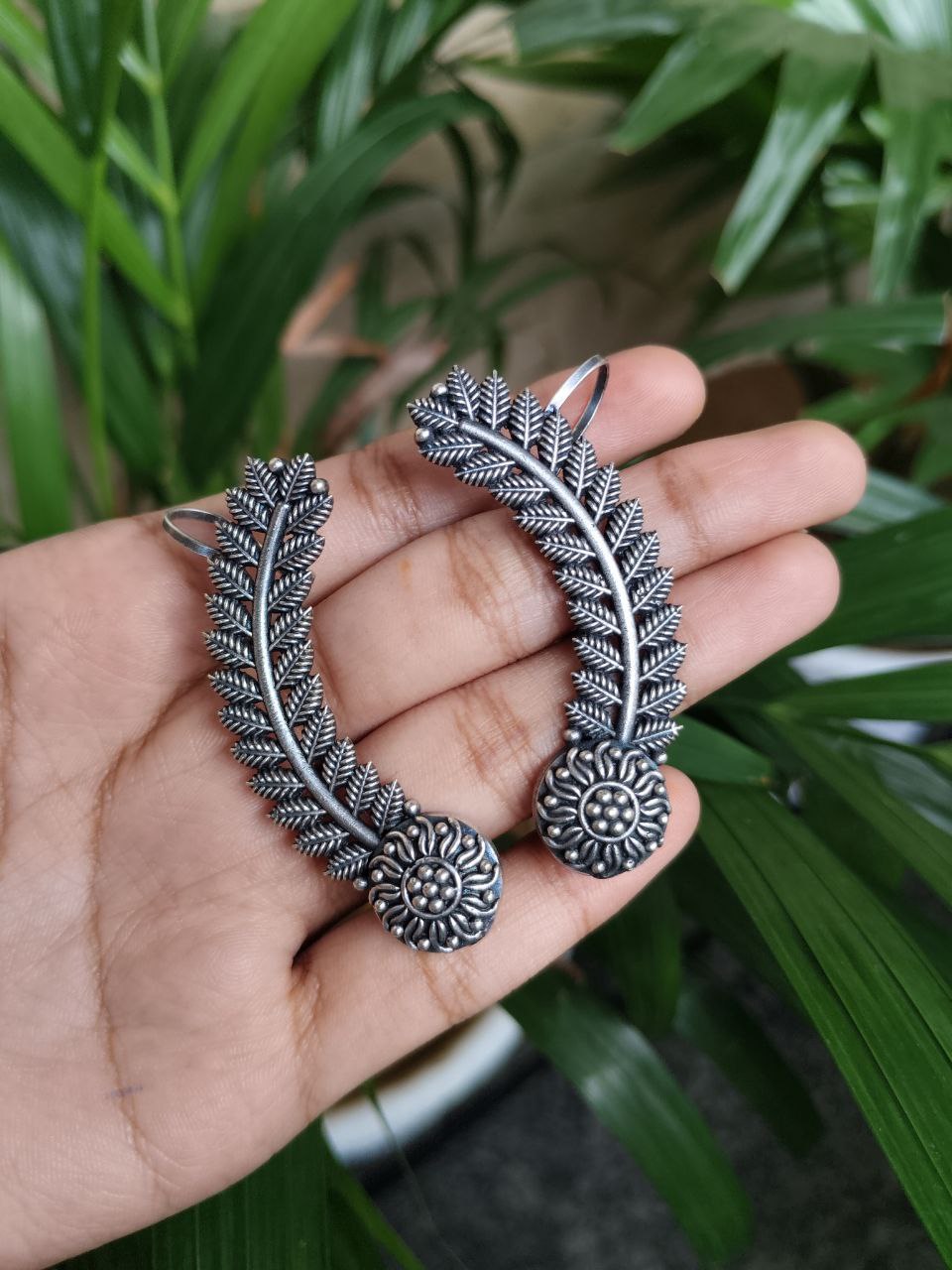Oxidized Leaf Earcuff | Silver Replica Ethnic Design Unique Handmade Jewelry For Girls 2 Oxidized leaf earcuff in silver replica finish handmade ethnic jewelry for girls.