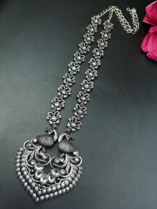 Traditional Peacock Design Necklace | Oxidized Silver Replica Stone Work Amazing Jewelry - color: "White"