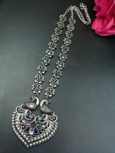 Traditional Peacock Design Necklace | Oxidized Silver Replica Stone Work Amazing Jewelry - color: "Multi"