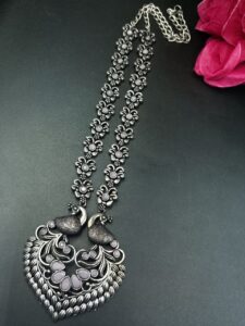 Traditional Peacock Design Necklace | Oxidized Silver Replica Stone Work Amazing Jewelry - color: "Baby Pink"