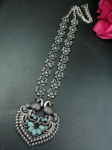 Traditional Peacock Design Necklace | Oxidized Silver Replica Stone Work Amazing Jewelry - color: "Mint"