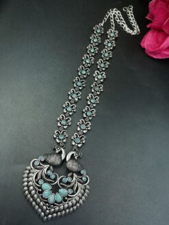 Traditional oxidized silver peacock necklace with stone work ethnic jewelry.