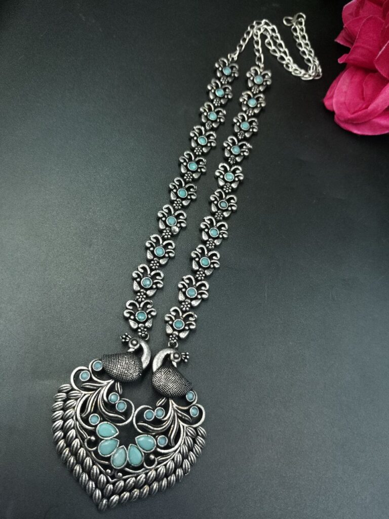 Traditional Peacock Design Necklace | Oxidized Silver Replica Stone Work Amazing Jewelry