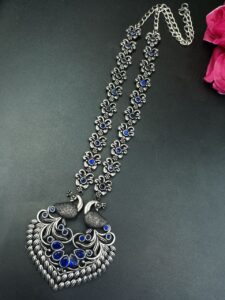 Traditional Peacock Design Necklace | Oxidized Silver Replica Stone Work Amazing Jewelry - color: "Blue"