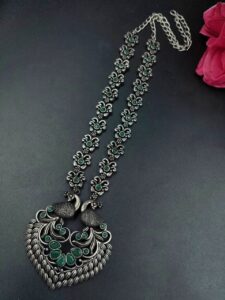 Traditional Peacock Design Necklace | Oxidized Silver Replica Stone Work Amazing Jewelry - color: "Green"