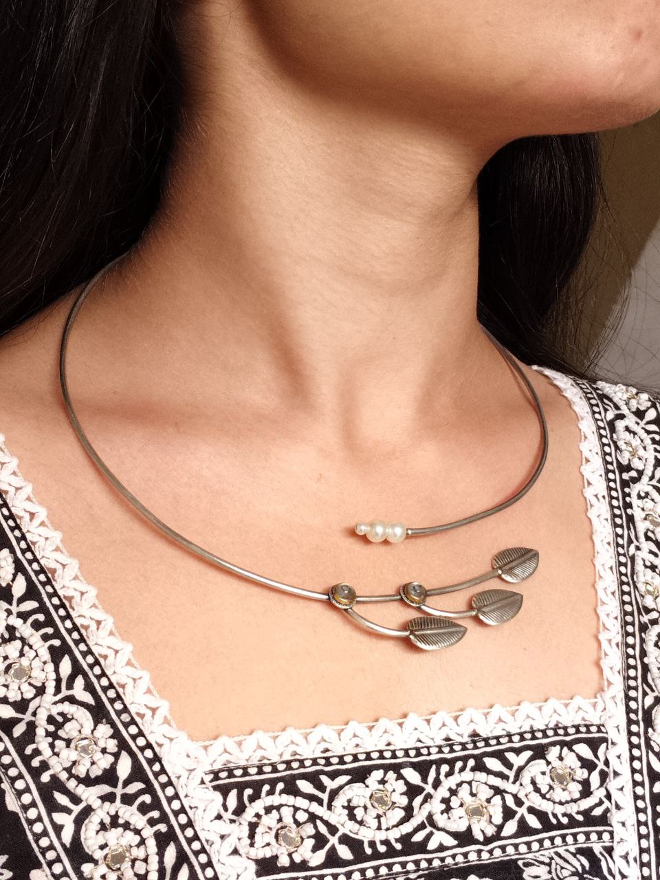 Silver Replica Leaf Design Hasli Necklace | Beautiful Traditional Oxidized Jewelry 2 Oxidized silver replica hasli necklace with intricate leaf design