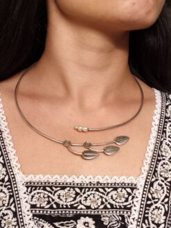 Oxidized silver replica leaf design hasli necklace with intricate