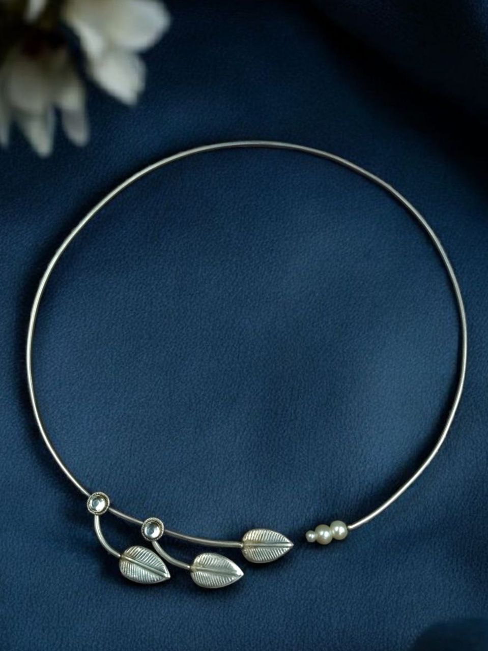 Silver Replica Leaf Design Hasli Necklace | Beautiful Traditional Oxidized Jewelry 3 Oxidized silver replica hasli necklace with intricate leaf design