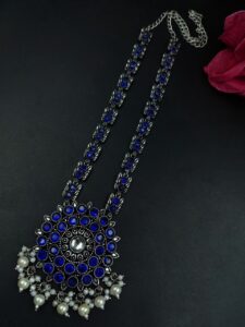Beautiful Pearl and Stone Work Oxidized Necklace | Traditional Ethnic Party Wear Jewelry - color: "Blue"