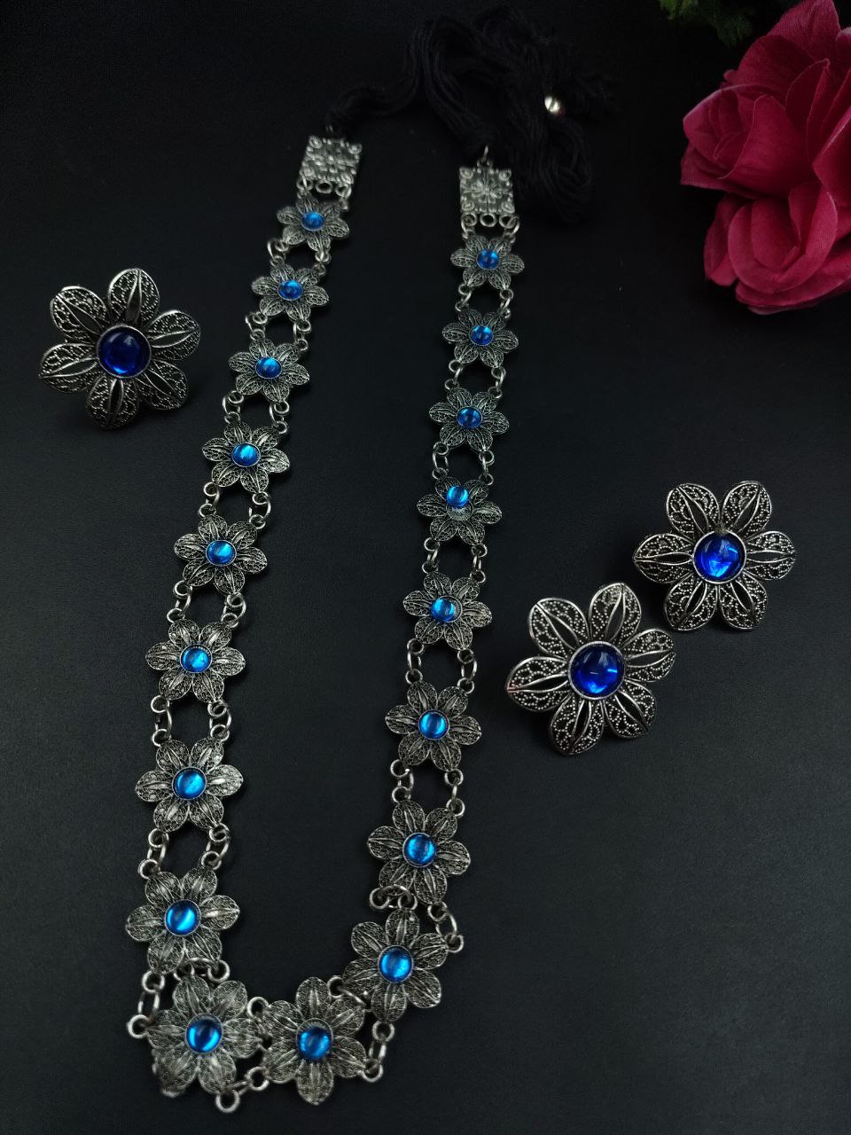 German Silver Flower Necklace (Combo set) | Stone Work Adjustable Thread Best Party Wear Jewelry 4 German Silver Flower Necklace Combo Set with stone and adjustable thread.