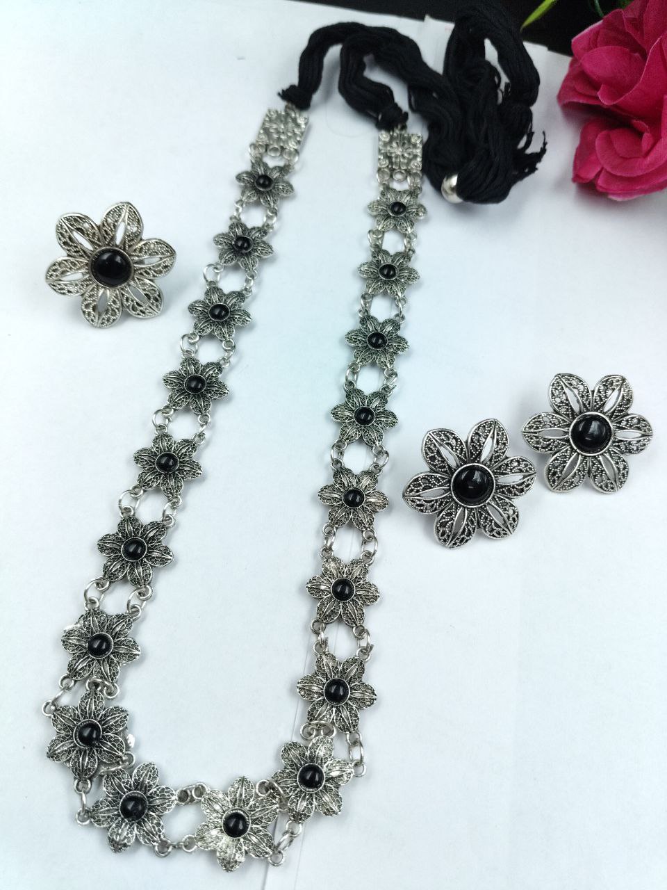 German Silver Flower Necklace (Combo set) | Stone Work Adjustable Thread Best Party Wear Jewelry 2 German Silver Flower Necklace Combo Set with stone and adjustable thread.