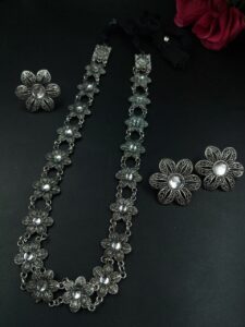 German Silver Flower Necklace (Combo set) | Stone Work Adjustable Thread Best Party Wear Jewelry - color: "White"