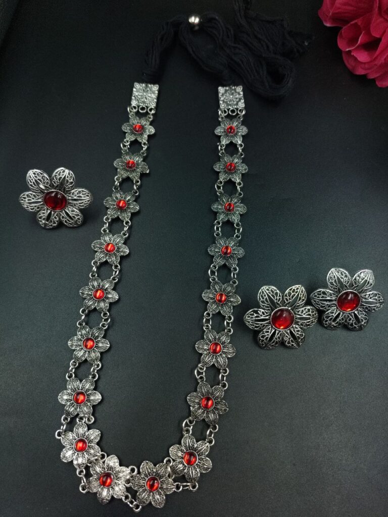 German Silver Flower Necklace (Combo set) | Stone Work Adjustable Thread Best Party Wear Jewelry