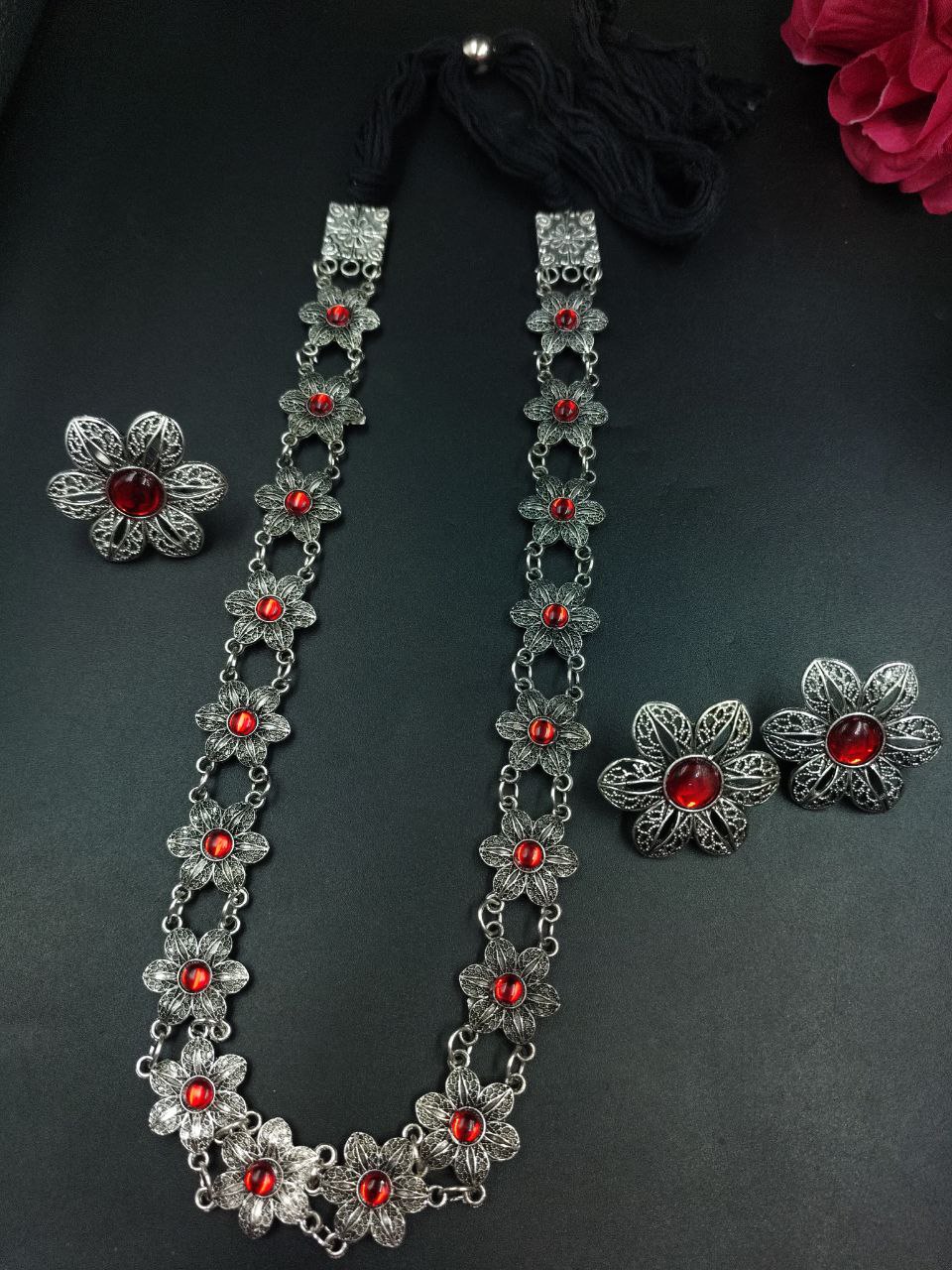 German Silver Flower Necklace (Combo set) | Stone Work Adjustable Thread Best Party Wear Jewelry 1 German Silver Flower Necklace Combo Set with stone and adjustable thread.