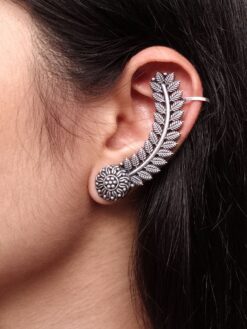 Oxidized leaf earcuff in silver replica finish handmade ethnic jewelry for girls.
