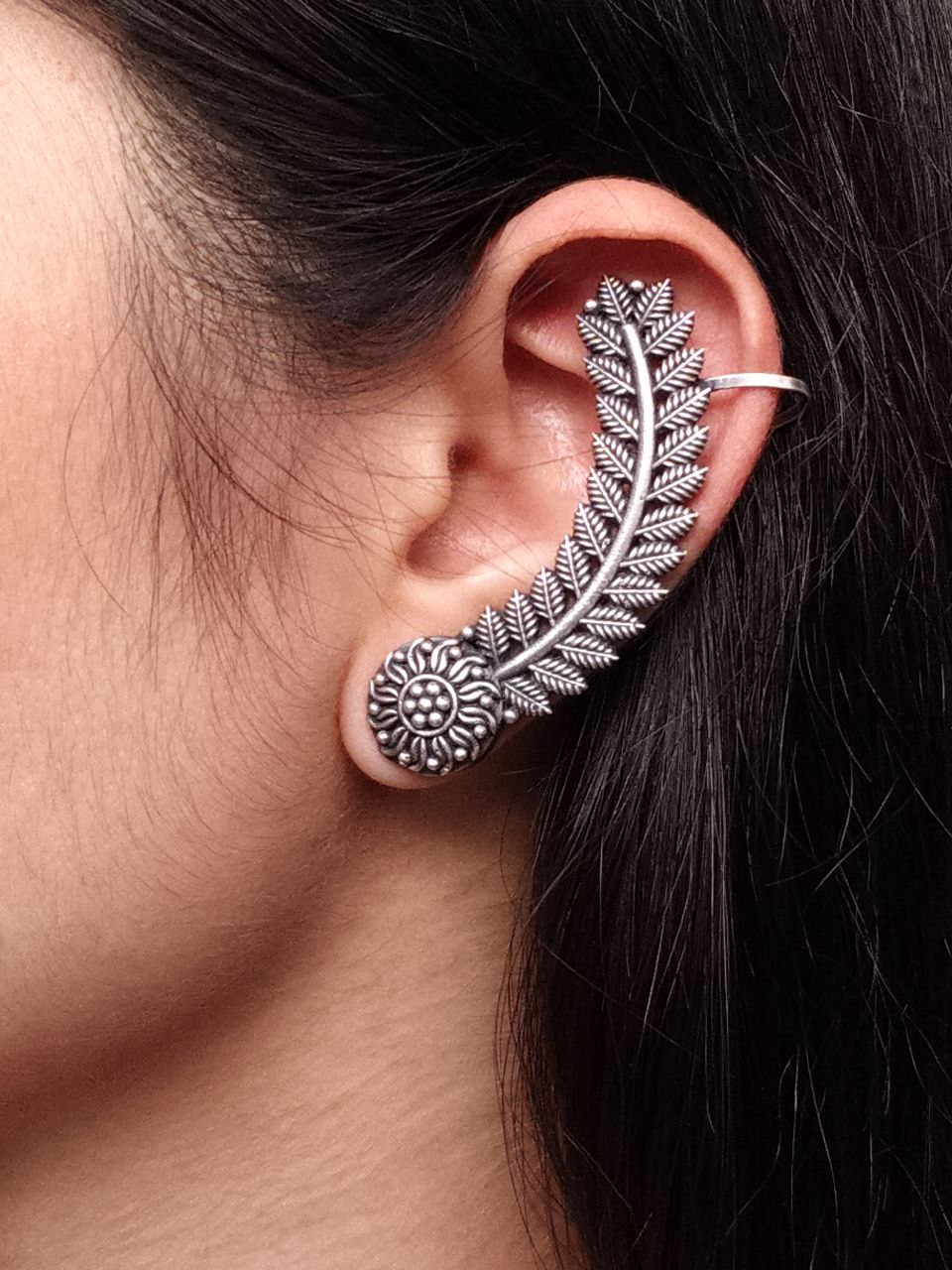 Oxidized Leaf Earcuff | Silver Replica Ethnic Design Unique Handmade Jewelry For Girls 1 Oxidized leaf earcuff in silver replica finish handmade ethnic jewelry for girls.