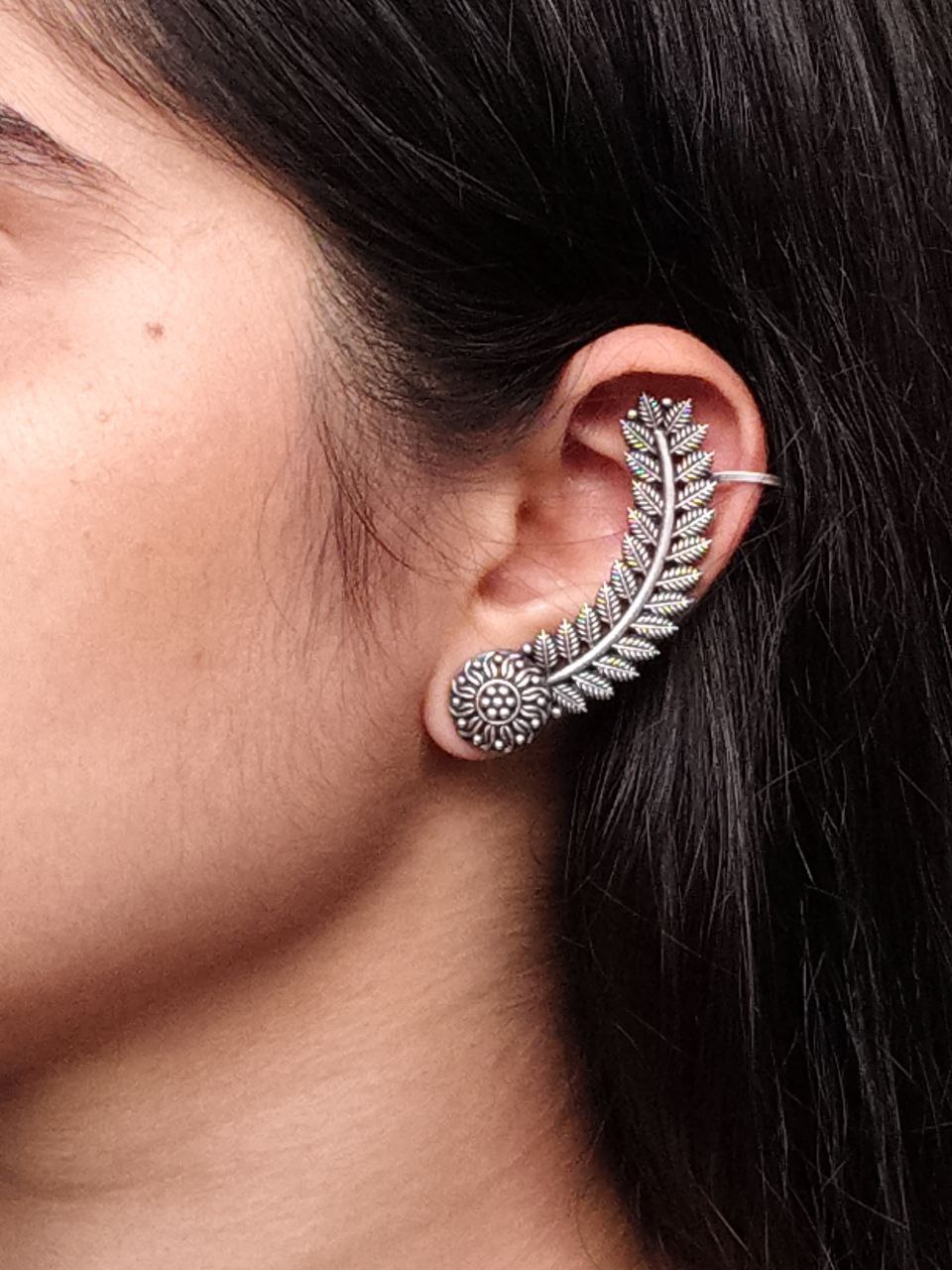 Oxidized Leaf Earcuff | Silver Replica Ethnic Design Unique Handmade Jewelry For Girls 4 Oxidized leaf earcuff in silver replica finish handmade ethnic jewelry for girls.