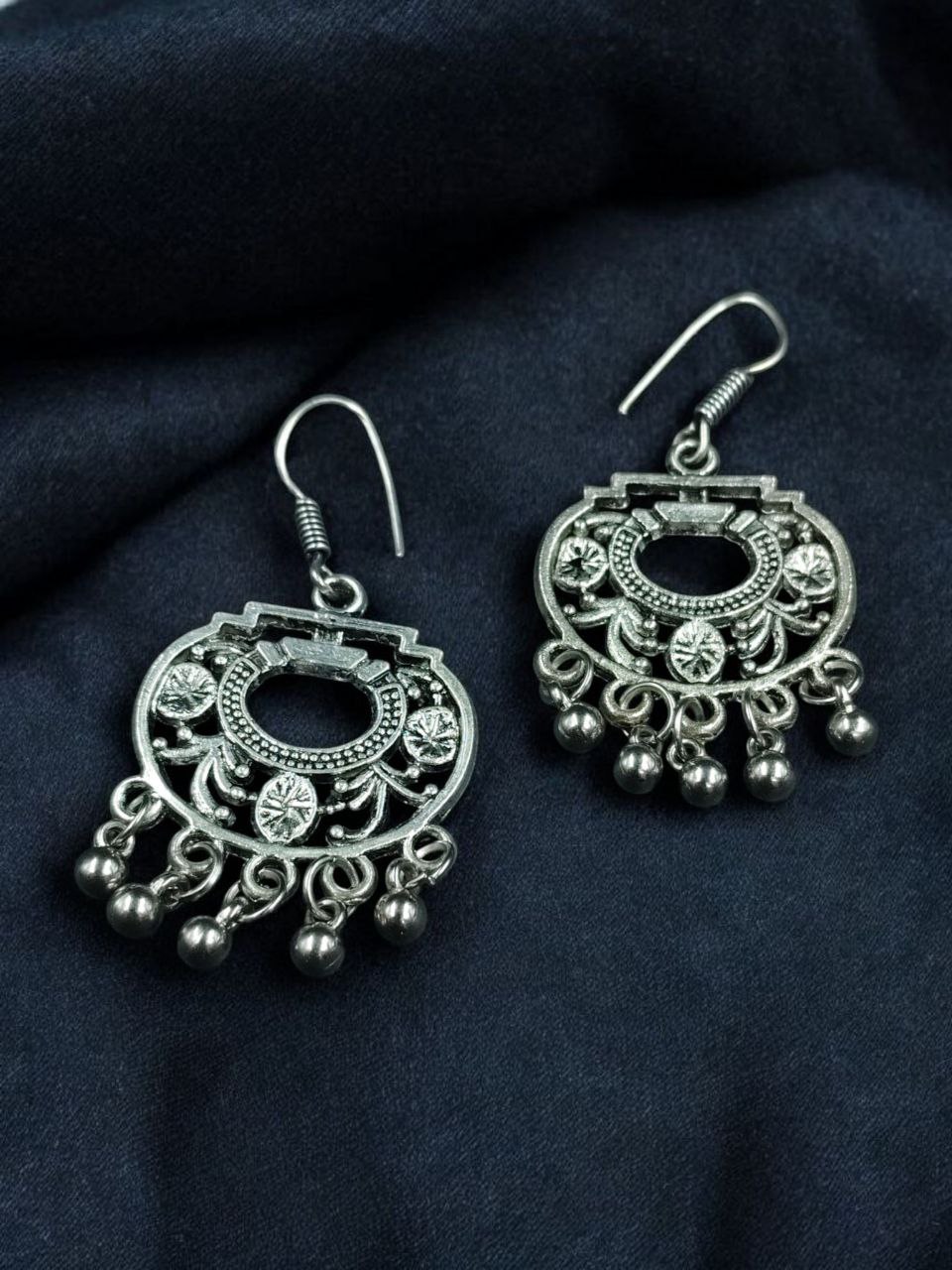 German Silver Floral Art Earrings | Ghungroo Hook Dangler Best Jewelry for Women 3 German silver floral art earrings with ghungroo and hook design