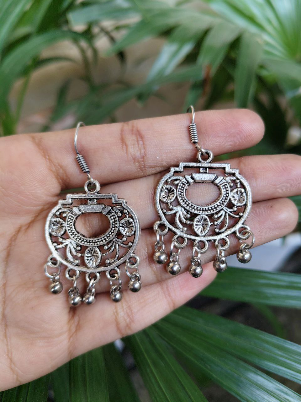 German Silver Floral Art Earrings | Ghungroo Hook Dangler Best Jewelry for Women 2 German silver floral art earrings with ghungroo and hook design