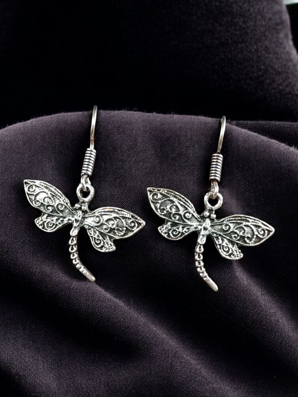 Oxidized Dragonfly Hook Earrings | German Silver Dangler Unique Jewelry for Women 4 Oxidized German silver dragonfly hook earrings