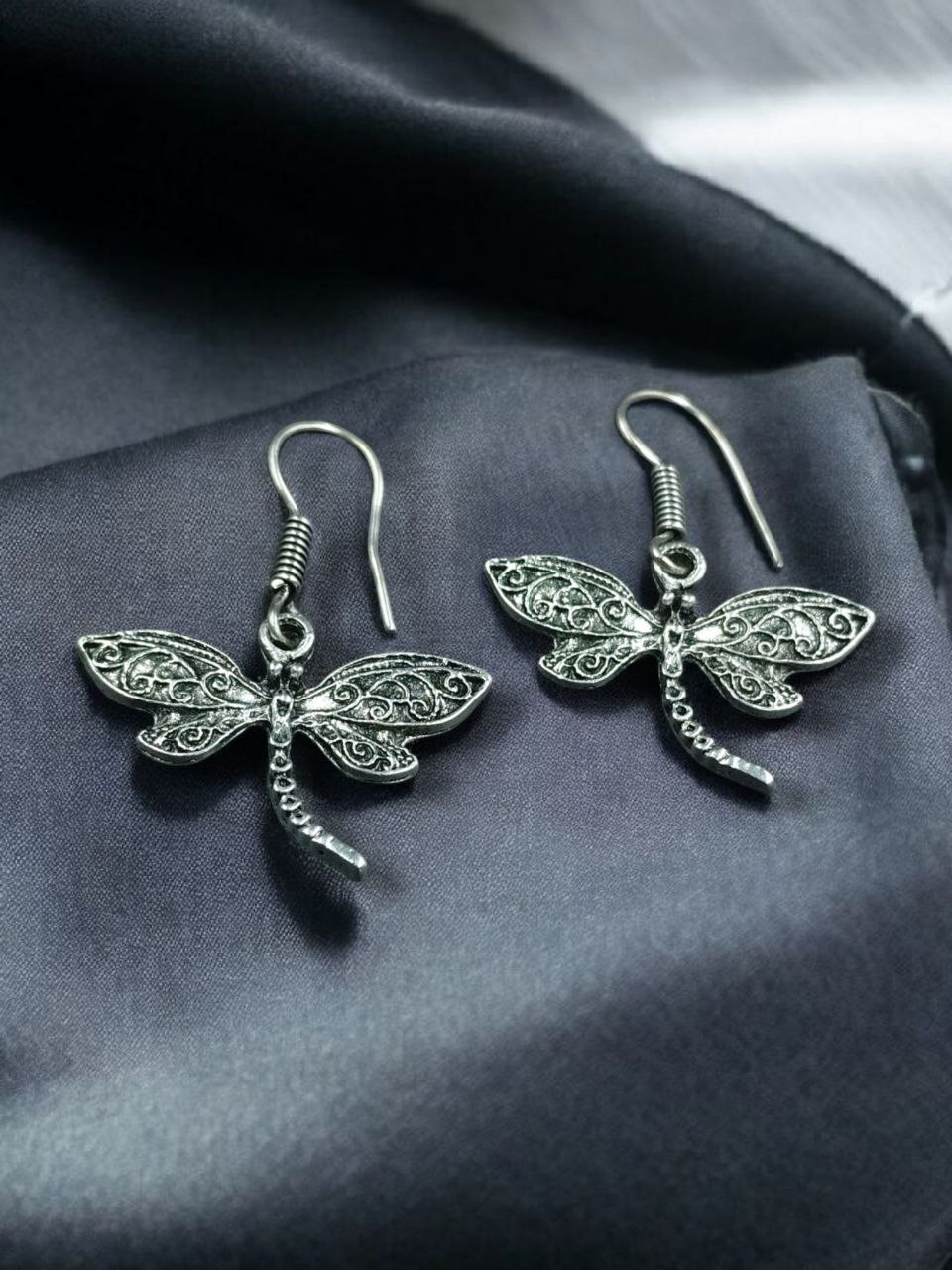Oxidized Dragonfly Hook Earrings | German Silver Dangler Unique Jewelry for Women 3 Oxidized German silver dragonfly hook earrings