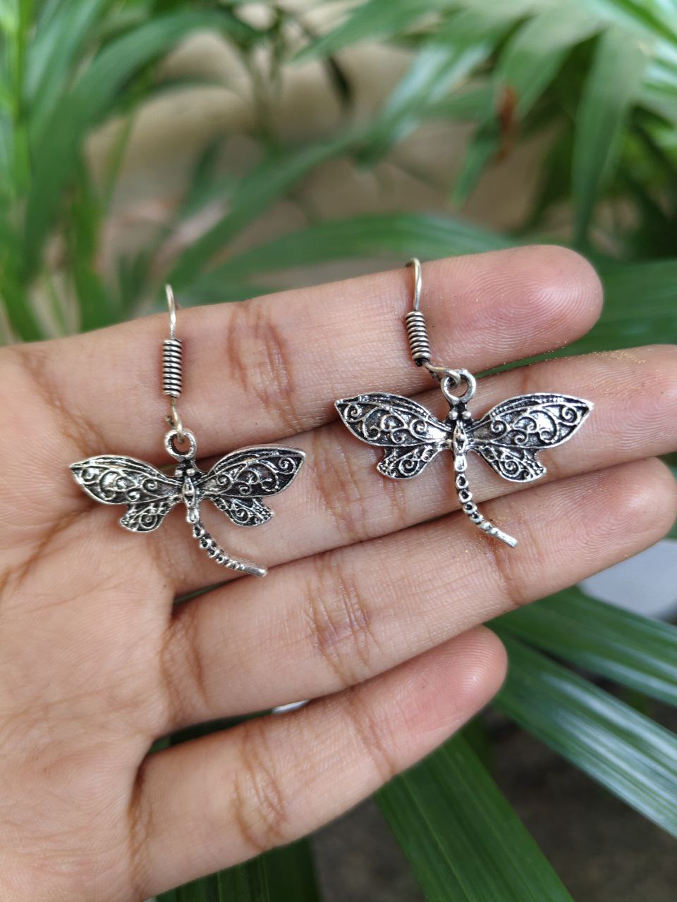 Oxidized Dragonfly Hook Earrings | German Silver Dangler Unique Jewelry for Women 2 Oxidized German silver dragonfly hook earrings