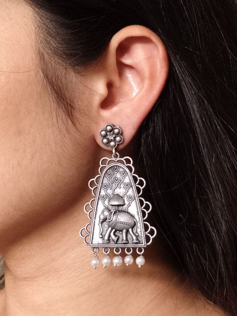 Lightweight Floral Art Elephant Dangler Earrings | Beautiful Pearl Jewelry for Girls