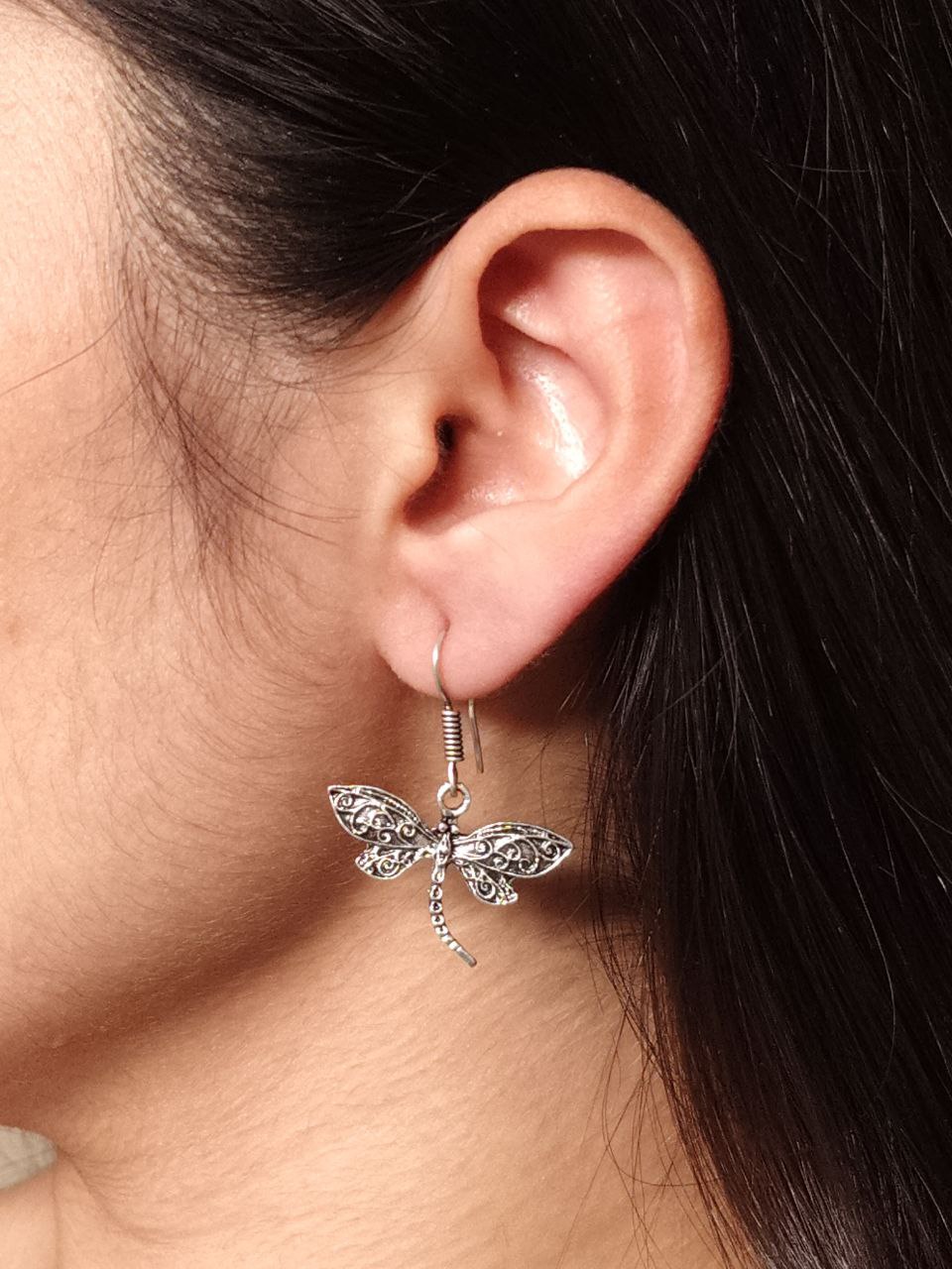 Oxidized Dragonfly Hook Earrings | German Silver Dangler Unique Jewelry for Women 1 Oxidized German silver dragonfly hook earrings