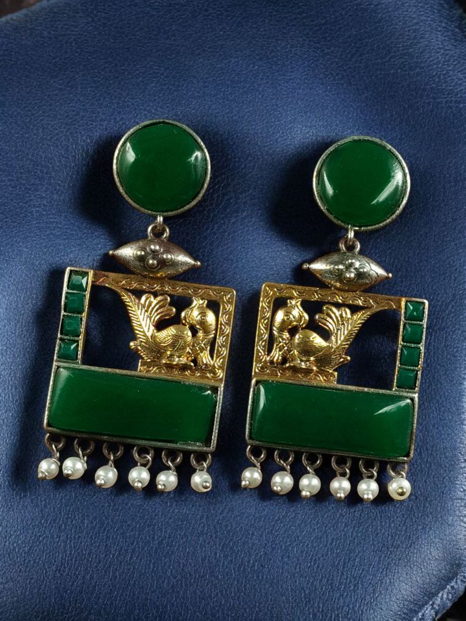 Designer Beautiful Two-Tone Peacock Earrings | Monalisa Stone & Pearl Work Dangler Jewelry 2 Two-tone peacock earrings with Monalisa stone and pearl work