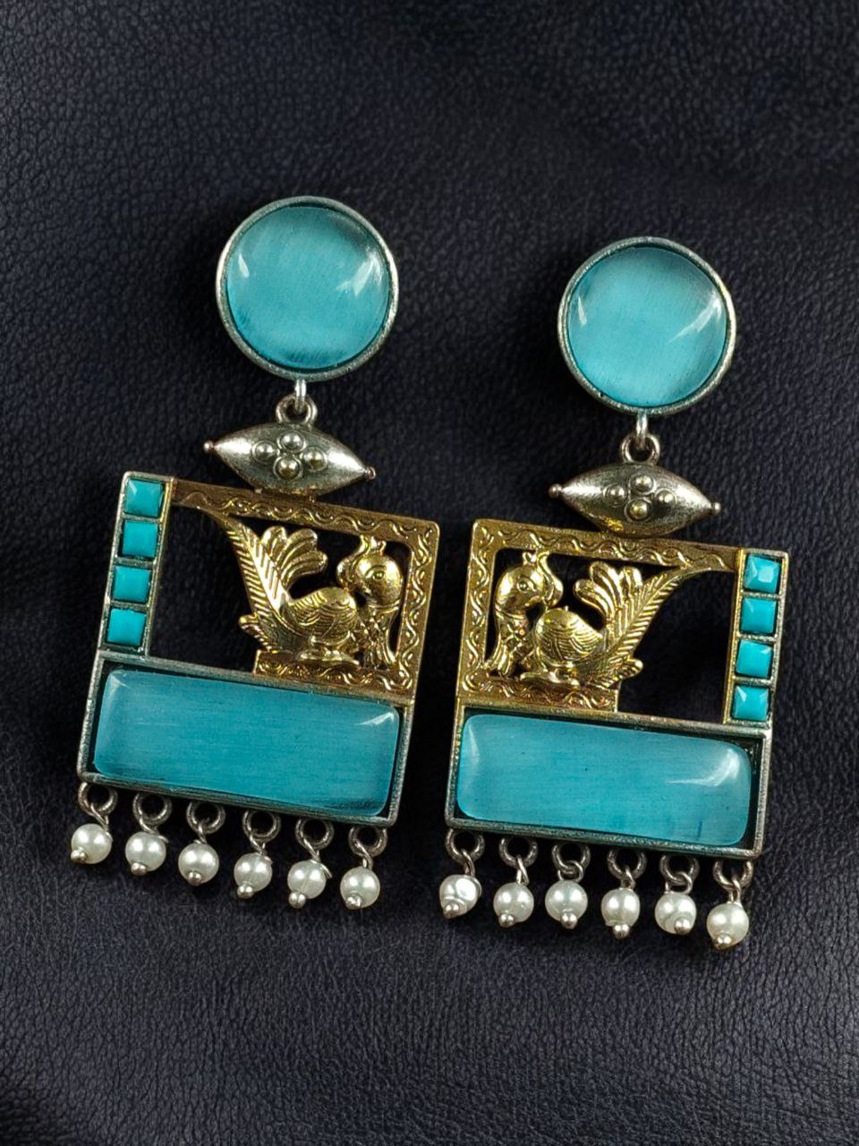 Designer Beautiful Two-Tone Peacock Earrings | Monalisa Stone & Pearl Work Dangler Jewelry 4 Two-tone peacock earrings with Monalisa stone and pearl work