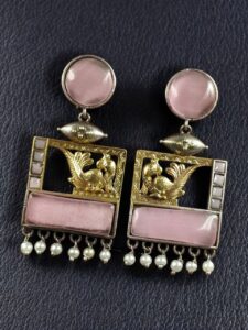 Designer Beautiful Two-Tone Peacock Earrings | Monalisa Stone & Pearl Work Dangler Jewelry - color: "Baby Pink"