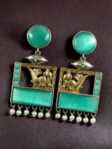 Designer Beautiful Two-Tone Peacock Earrings | Monalisa Stone & Pearl Work Dangler Jewelry - color: "Mint"
