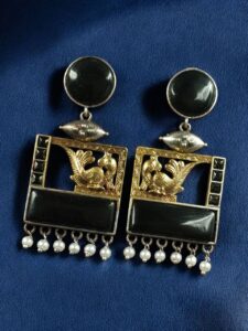 Designer Beautiful Two-Tone Peacock Earrings | Monalisa Stone & Pearl Work Dangler Jewelry - color: "Black"