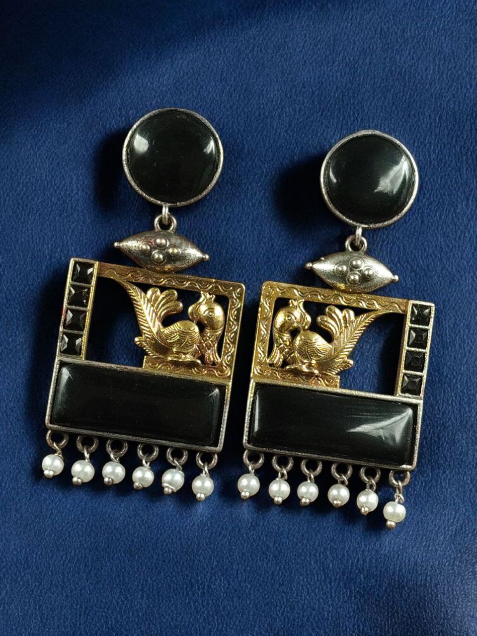 Designer Beautiful Two-Tone Peacock Earrings | Monalisa Stone & Pearl Work Dangler Jewelry 7 Two-tone peacock earrings with Monalisa stone and pearl work