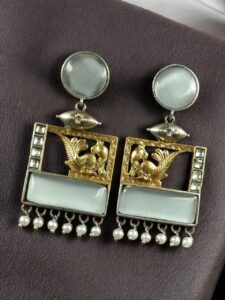 Designer Beautiful Two-Tone Peacock Earrings | Monalisa Stone & Pearl Work Dangler Jewelry - color: "Grey"