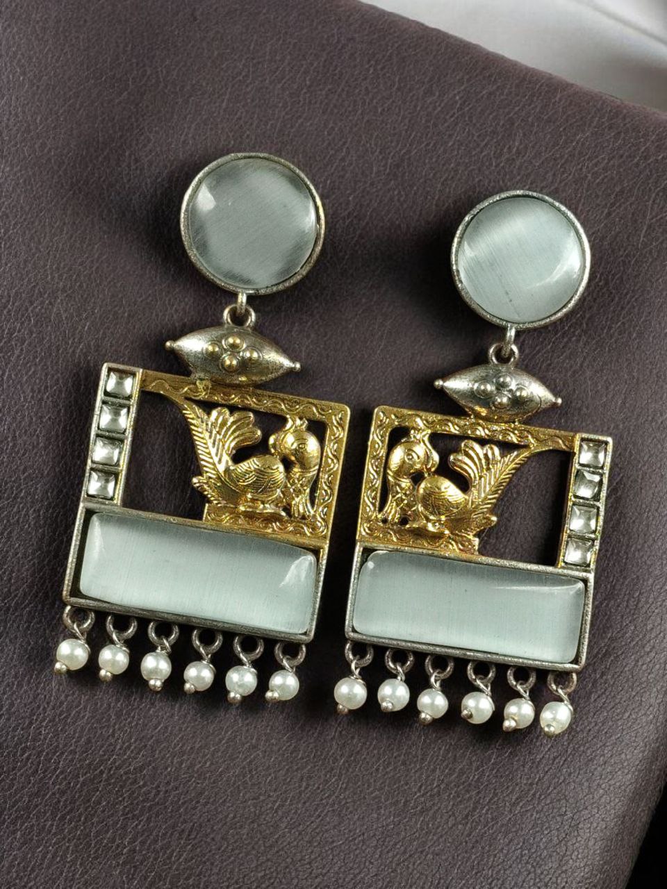 Designer Beautiful Two-Tone Peacock Earrings | Monalisa Stone & Pearl Work Dangler Jewelry 6 Two-tone peacock earrings with Monalisa stone and pearl work