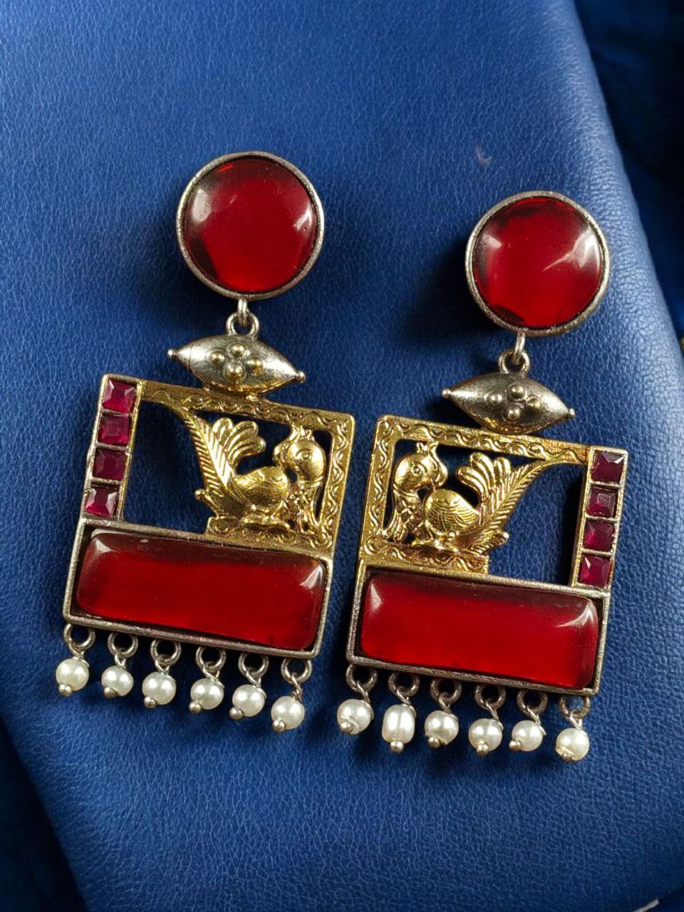 Designer Beautiful Two-Tone Peacock Earrings | Monalisa Stone & Pearl Work Dangler Jewelry 8 Two-tone peacock earrings with Monalisa stone and pearl work