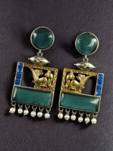 Designer Beautiful Two-Tone Peacock Earrings | Monalisa Stone & Pearl Work Dangler Jewelry - color: "Blue"